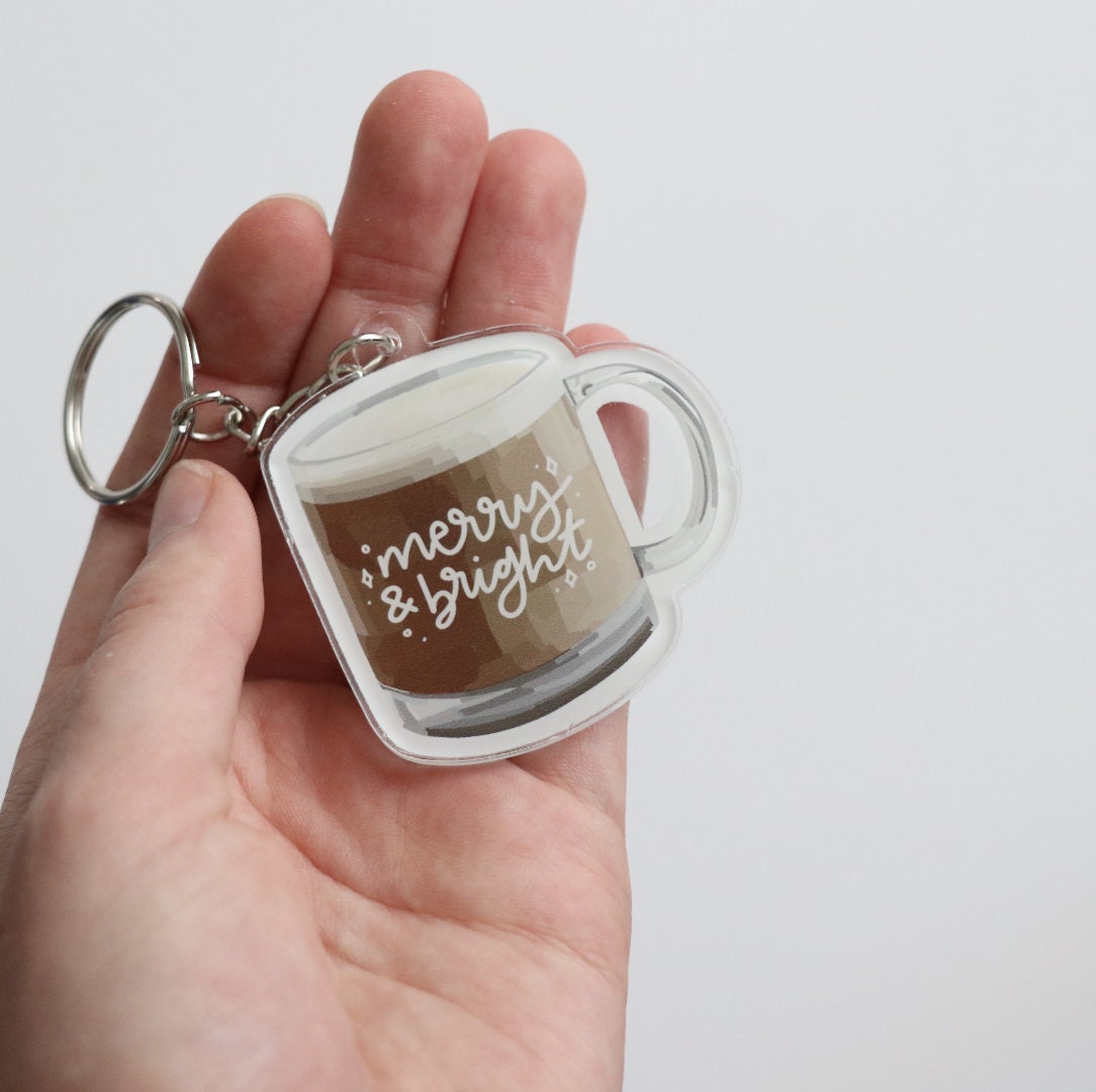 Merry and Bright Mug Keychain | gift idea Christmas gift idea, x-mas, holiday, coffee, keychain, cute christmas, trendy, aesthetic christmas