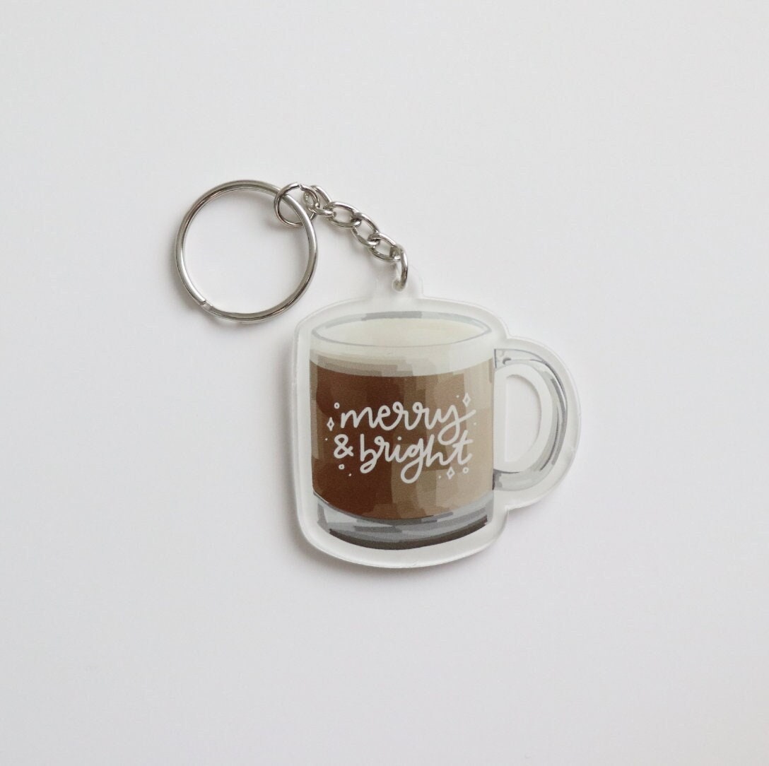 Merry and Bright Mug Keychain | gift idea Christmas gift idea, x-mas, holiday, coffee, keychain, cute christmas, trendy, aesthetic christmas