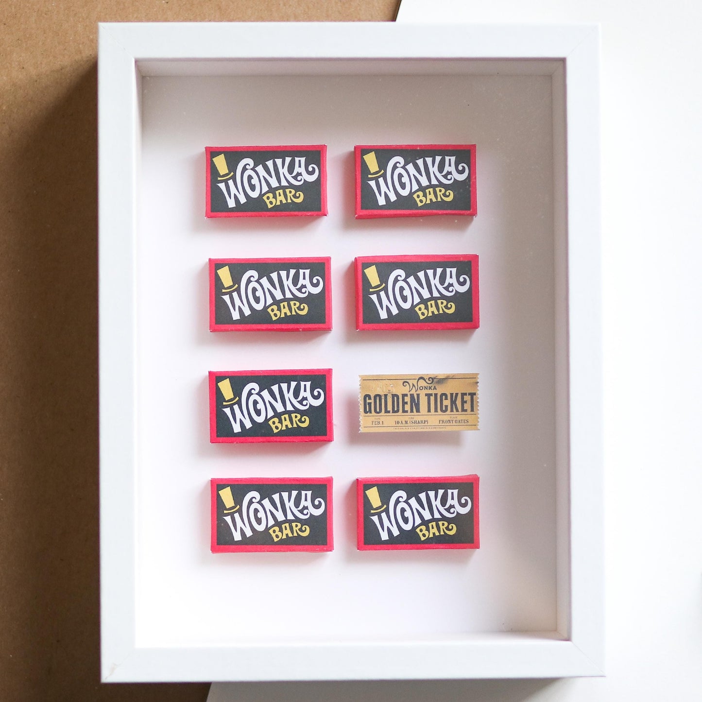 Mini Handmade Chocolate Bars Framed 3D Art | office, decor, art, trendy gift, willy, wonka, charlie, chocolate factory, golden ticket, movie