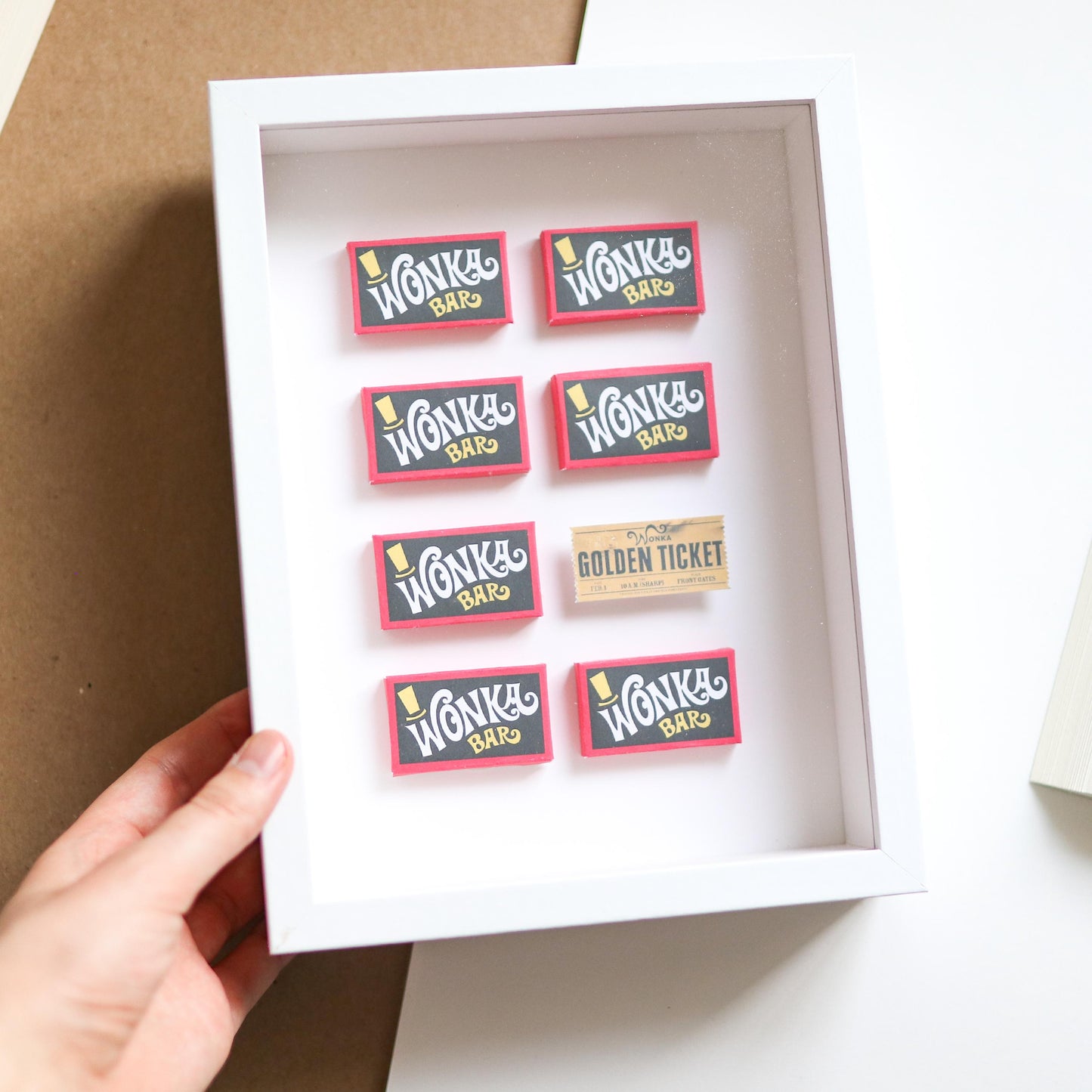Mini Handmade Chocolate Bars Framed 3D Art | office, decor, art, trendy gift, willy, wonka, charlie, chocolate factory, golden ticket, movie