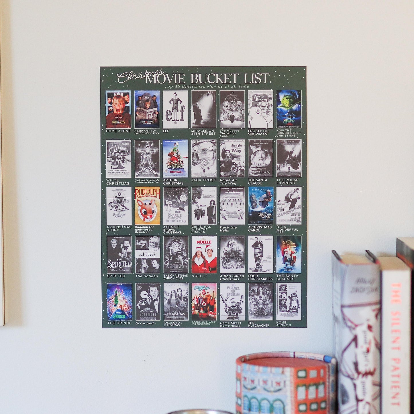 Christmas Movie Bucket List STICKER Poster | movie tracker Holiday Movie Tracker with Stickers Fun Festive Decor & Gift for Movie Lovers