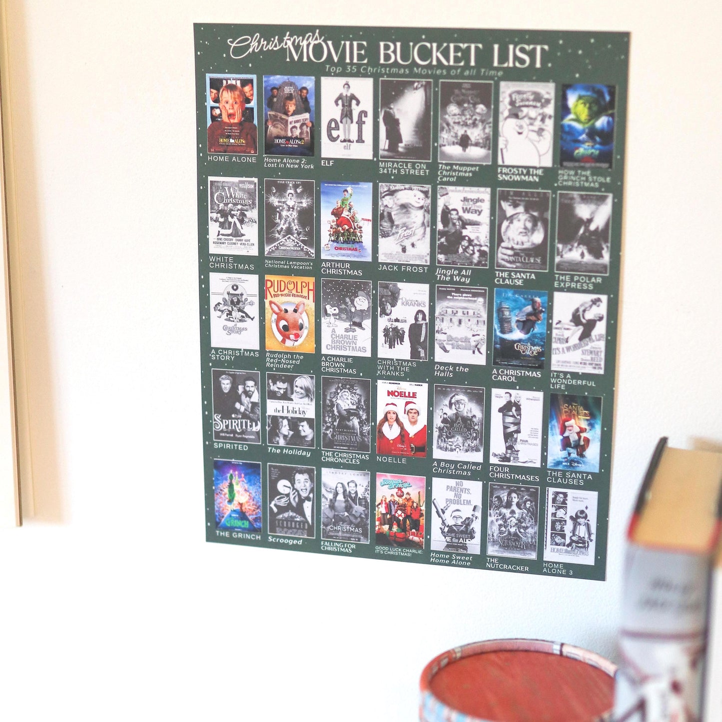 Christmas Movie Bucket List STICKER Poster | movie tracker Holiday Movie Tracker with Stickers Fun Festive Decor & Gift for Movie Lovers