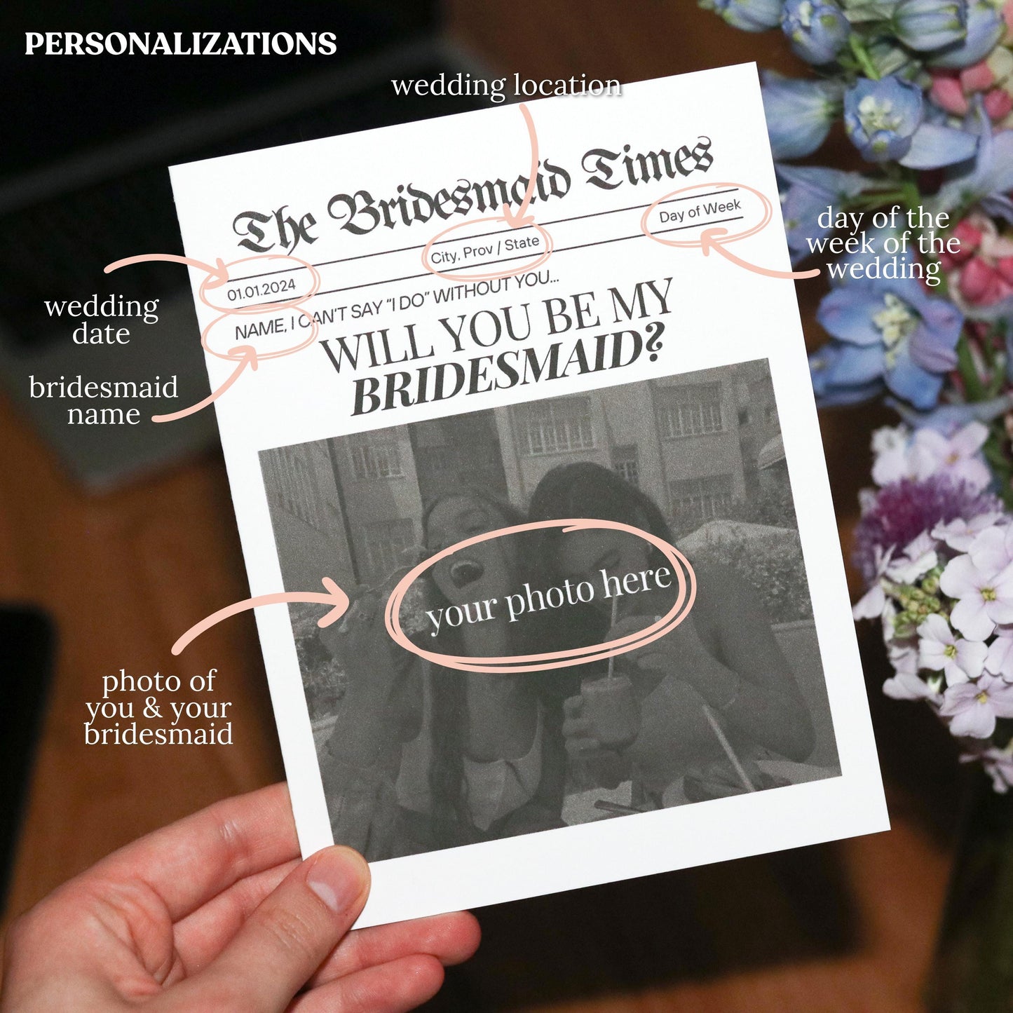 CUSTOM Bridesmaids Announcement Cards | Wedding customization personalization newspaper party bridal shower invite will you be my bridesmaid